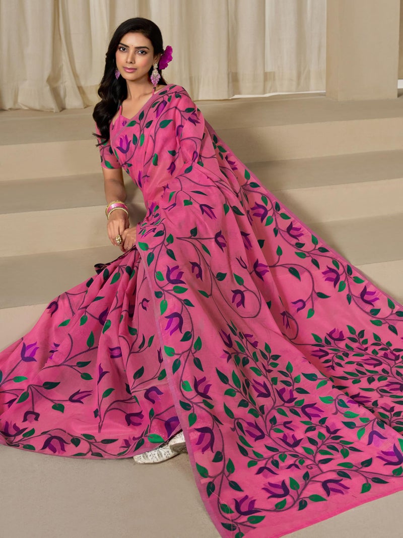 EthnicJunction Women's Pure Cotton Woven Saree With Blouse Piece(Light Pink) - Image 3