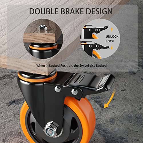 YUPEZOP 4 Inch Caster Wheels 2200Lbs, Threaded Stem Casters Set of 4 Heavy Duty, 1/2"-13 x 1 (Screw Diameter 1/2", Stem Length 1"), Safety Dual Locking Industrial Castors, Wheels for Cart, Furniture - Image 5