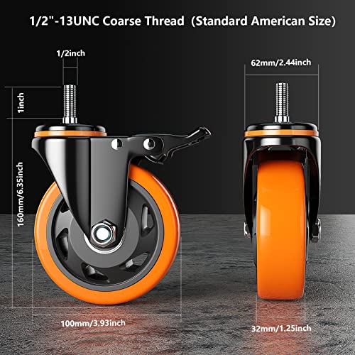 YUPEZOP 4 Inch Caster Wheels 2200Lbs, Threaded Stem Casters Set of 4 Heavy Duty, 1/2"-13 x 1 (Screw Diameter 1/2", Stem Length 1"), Safety Dual Locking Industrial Castors, Wheels for Cart, Furniture - Image 3
