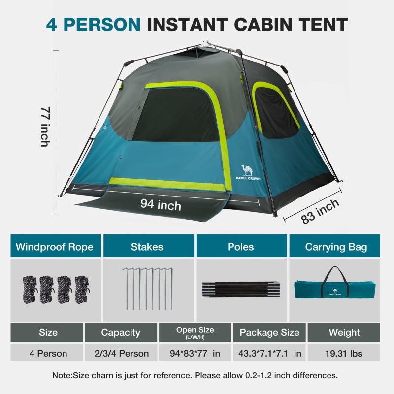 CAMEL CROWN Instant Tents for Camping 2-4 Person Tent Waterproof Easy Setup Sets Up in 60 Seconds Backpacking Tents with Carry Bag for Outdoor Hiking Ink Blue - Image 3