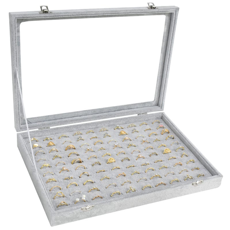 صندوق عرض المجوهرات سيفيت مع غطاء شفاف 100 فتحة لتنظيم عرض المجوهرات في المتاجر وتنظيم المجوهرات في المنزل للخواتم والدبابيس والأقراط رمادي