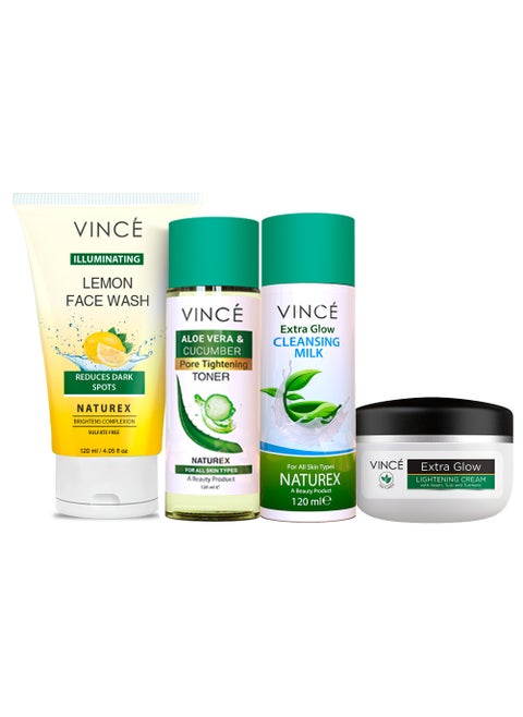 Natural Glow Kit - Lemon Face Wash 120ml + Toner 120ml + Cleansing Milk 120ml + Face Glow Cream 40ml – Brightens Dull Skin & Spots, Tightens Pores, Controls Oil & Moisturizes – Perfect for a Natural Glow