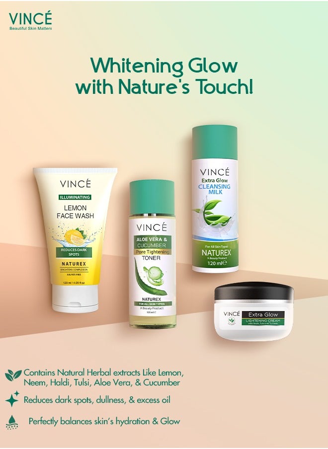 Natural Glow Kit - Lemon Face Wash 120ml + Toner 120ml + Cleansing Milk 120ml + Face Glow Cream 40ml – Brightens Dull Skin & Spots, Tightens Pores, Controls Oil & Moisturizes – Perfect for a Natural Glow