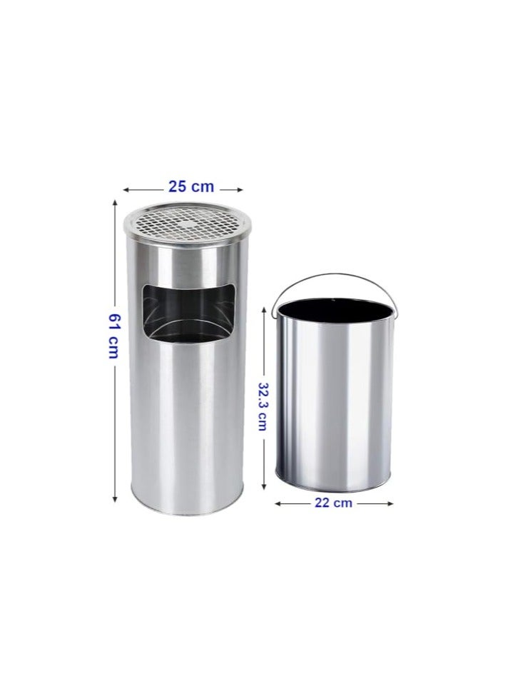 VINSTAR 30 L Standing Ashtray Bin, 2 in 1 Stainless Steel Ashtray and  Bin with Removable Round Inner Bucket and Ashtray, Suitable for Office Buildings, Hotels, etc. (Silver) - Image 4