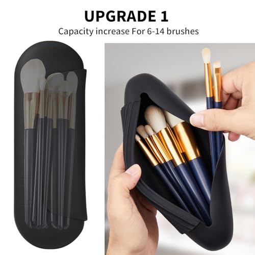 AGIKET Silicone Makeup Brush Holder Travel Cosmetic Bag：Soft Portable Cosmetic Face Brushes Holder with Upgrade Anti-Fall Out Magnetic Closure, Large Travel Makeup Brush Case - Black - Image 2