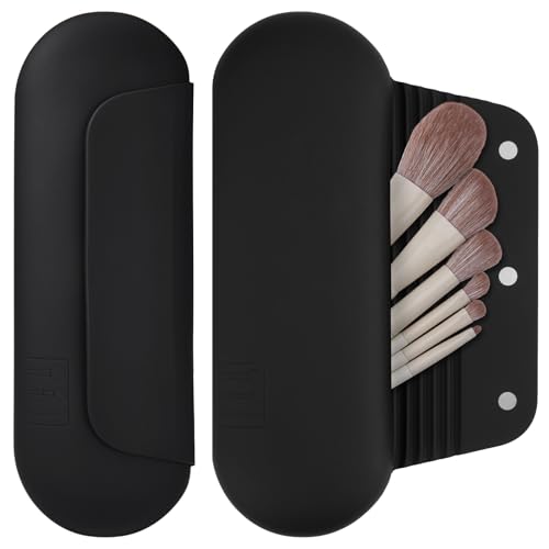 AGIKET Silicone Makeup Brush Holder Travel Cosmetic Bag：Soft Portable Cosmetic Face Brushes Holder with Upgrade Anti-Fall Out Magnetic Closure, Large Travel Makeup Brush Case - Black - Image 1