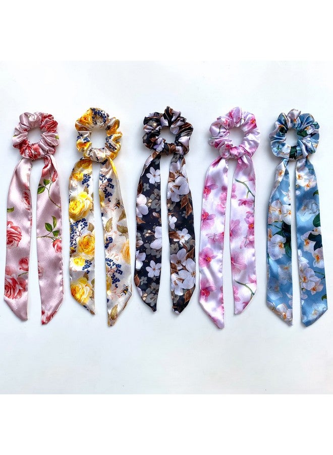 Silvr Bear Luxury Satin Set Of 5 Same Colours As Pic, Printed Ribbon Scarf Scrunchies, Antihairbreakage, Stylish Scrunchy For Girls, Women, Hair Ties, Best Gift For Sister, Friend, Mom (Floral) - Image 1