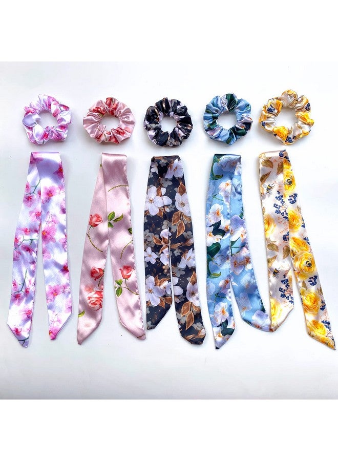 Silvr Bear Luxury Satin Set Of 5 Same Colours As Pic, Printed Ribbon Scarf Scrunchies, Antihairbreakage, Stylish Scrunchy For Girls, Women, Hair Ties, Best Gift For Sister, Friend, Mom (Floral) - Image 4