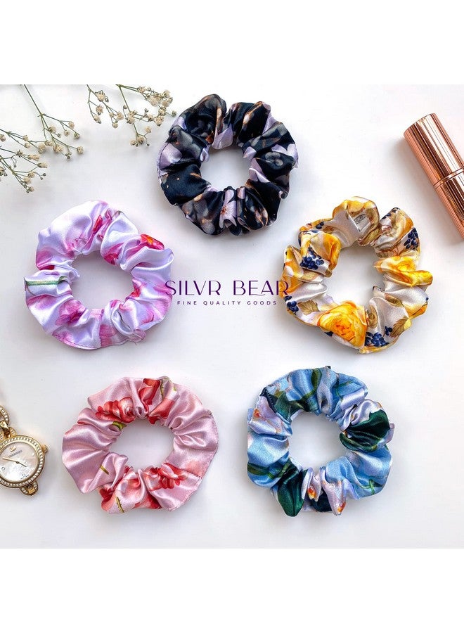 Silvr Bear Luxury Satin Set Of 5 Same Colours As Pic, Printed Ribbon Scarf Scrunchies, Antihairbreakage, Stylish Scrunchy For Girls, Women, Hair Ties, Best Gift For Sister, Friend, Mom (Floral) - Image 2