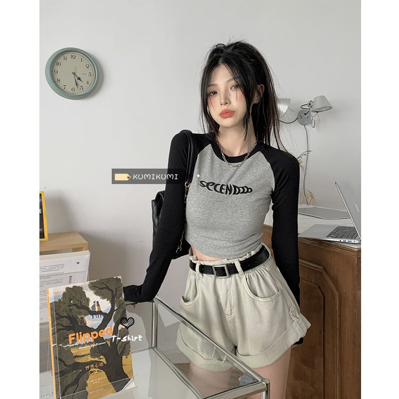 Retro Colorblock Crop Top Slim Fit Womens Tee black and gray - Image 1