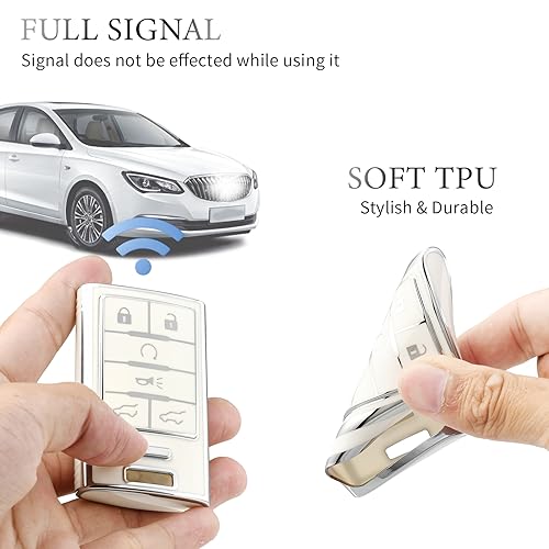 OFFCURVE Key Fob Cover for Cadillac, Soft TPU Car Key Case Protector for Cadillac SRX ATS ELR XTS 2010 2011 2012 2013 2014 2015 Keyless Entry Remote Control Start Car Key Accessories, Silver White - Image 5