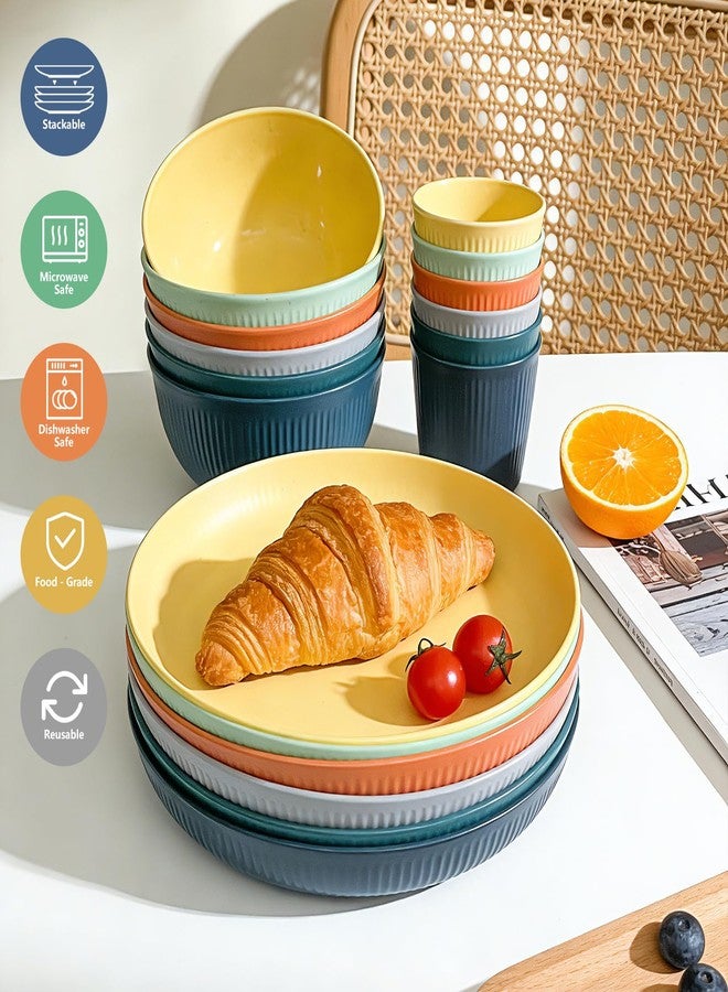 SHECIPIN 42Pcs Wheat Straw Dinnerware Sets, Unbreakable Plates and Bowls Sets, Eco Friendly Non Breakable Dinnerware, Dishwasher Microwave Safe Dinnerware - Image 3