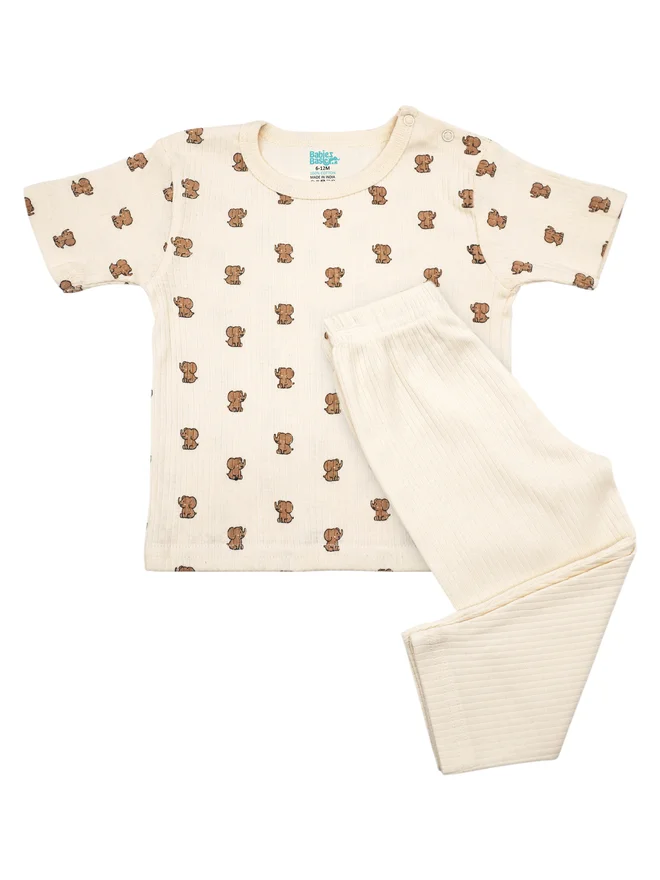 بابيز_بيسك Babies Basic Premium Ribbed Cotton Printed Short Sleeves T-Shirt and Pyjama Set