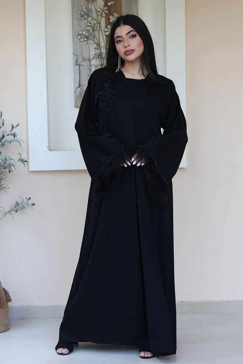 NUKHBAA Black Feathered Elegance Abaya-775