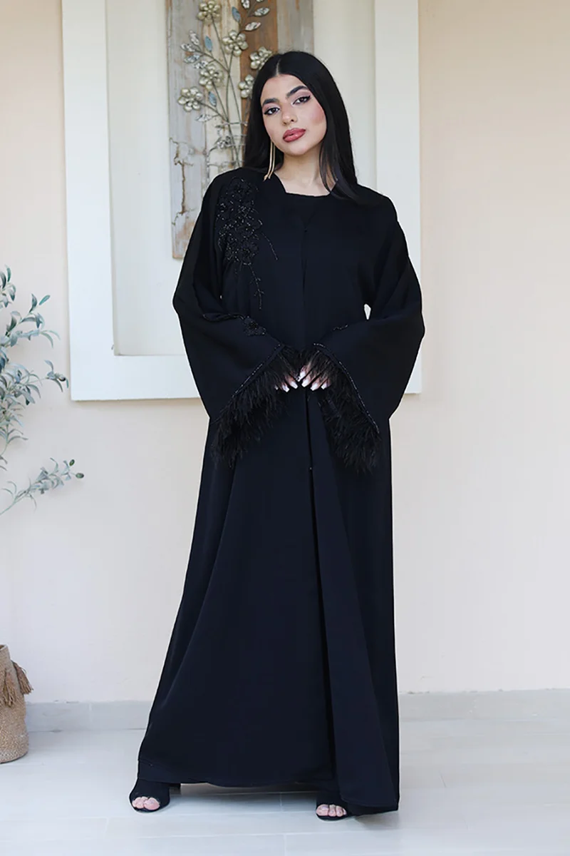 NUKHBAA Black Feathered Elegance Abaya-775