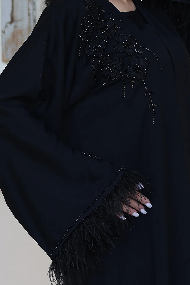 NUKHBAA Black Feathered Elegance Abaya-775