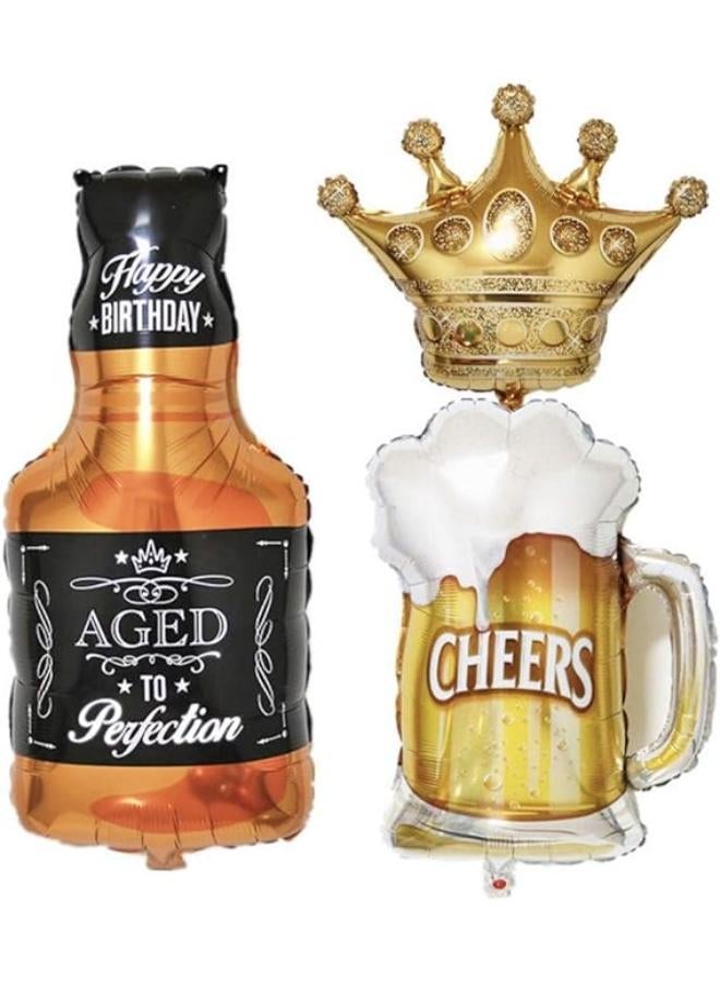 3Packs Whiskey Bottle Beer Mug Golden Crown Mylar Foil Balloons Beer Balloons for Bar Summer Party Beer Festival Birthday Decorations - Image 1