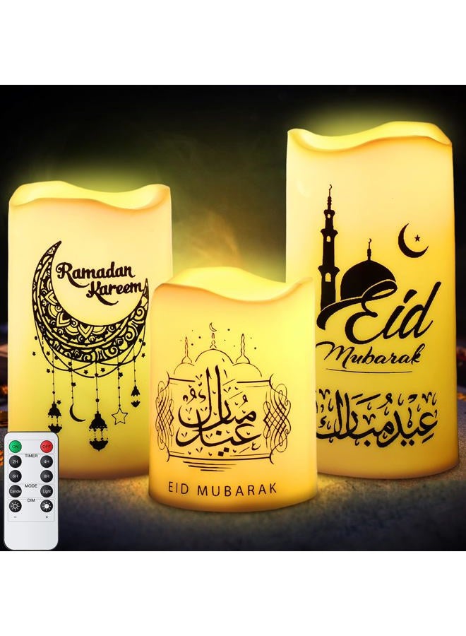 Tujoe 3 Pcs Eid Mubarak Flickering Flameless LED Candles, Battery Operated, Multicolor, Plastic, Ramadan & Eid Decor - Image 1