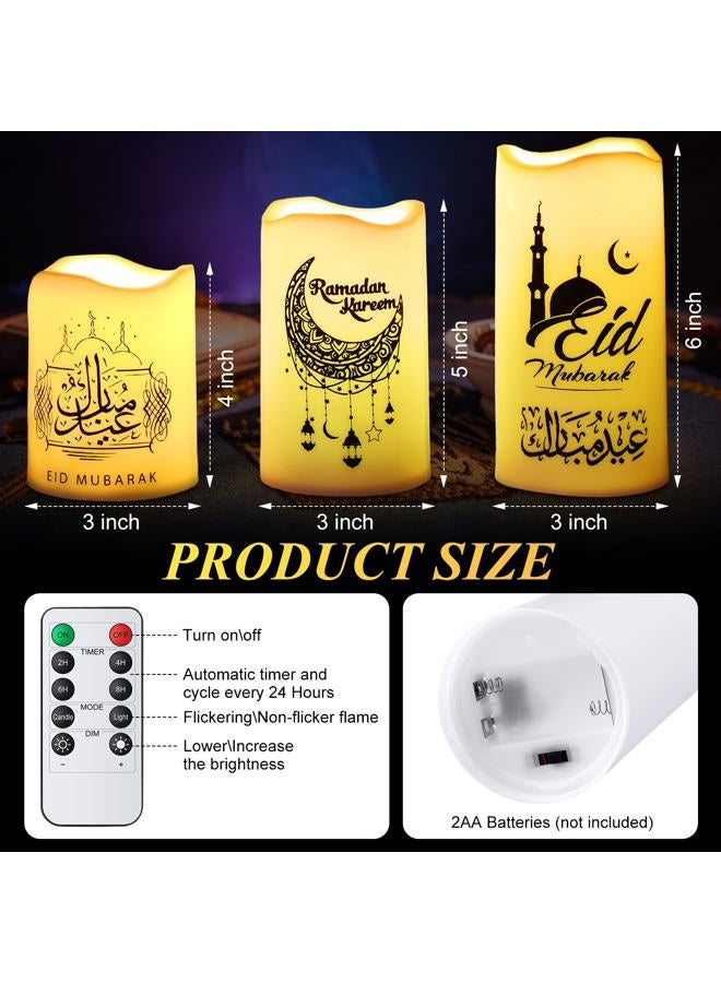 Tujoe 3 Pcs Eid Mubarak Flickering Flameless LED Candles, Battery Operated, Multicolor, Plastic, Ramadan & Eid Decor - Image 2