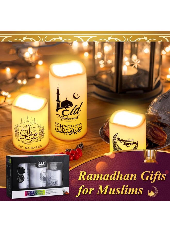 Tujoe 3 Pcs Eid Mubarak Flickering Flameless LED Candles, Battery Operated, Multicolor, Plastic, Ramadan & Eid Decor - Image 5