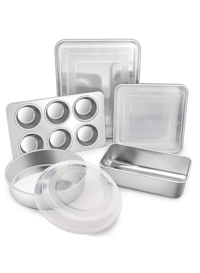 TeamFar طقم أواني خبز من الفولاذ المقاوم للصدأ مكون من 8 قطع مع غطاء، طقم صينية للشواء مع غطاء، صينية لازانيا مع غطاء، صينية كعك مربعة ودائرية، صينية خبز وصينية مافن، صحية ومتينة، آمنة في غسالة الصحون وسلسة. - Image 1