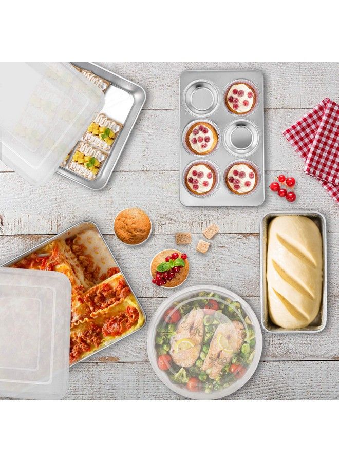 TeamFar طقم أواني خبز من الفولاذ المقاوم للصدأ مكون من 8 قطع مع غطاء، طقم صينية للشواء مع غطاء، صينية لازانيا مع غطاء، صينية كعك مربعة ودائرية، صينية خبز وصينية مافن، صحية ومتينة، آمنة في غسالة الصحون وسلسة. - Image 4