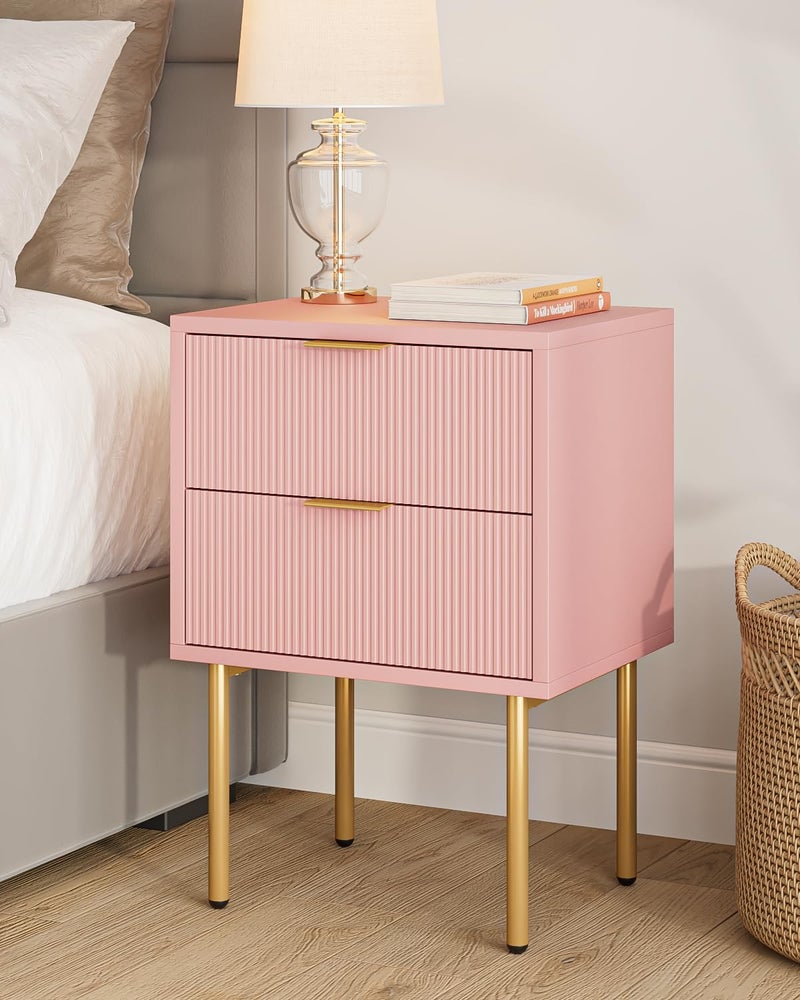 Masupu Night Stand,Mid-Century Modern Bedside Table with 2 Storage Drawer,Small Gold Frame Side End Table for Bedroom,Living Room, Pink - Image 1