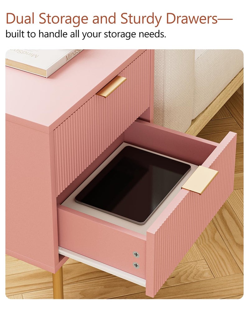 Masupu Night Stand,Mid-Century Modern Bedside Table with 2 Storage Drawer,Small Gold Frame Side End Table for Bedroom,Living Room, Pink - Image 4
