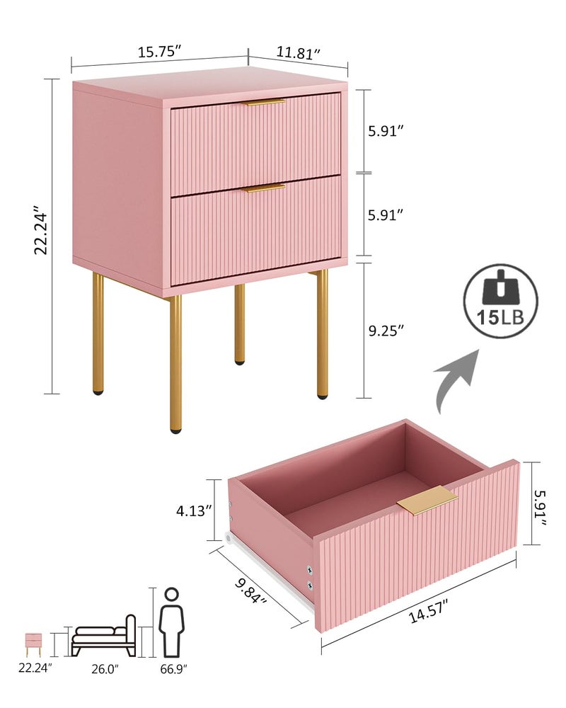 Masupu Night Stand,Mid-Century Modern Bedside Table with 2 Storage Drawer,Small Gold Frame Side End Table for Bedroom,Living Room, Pink - Image 3