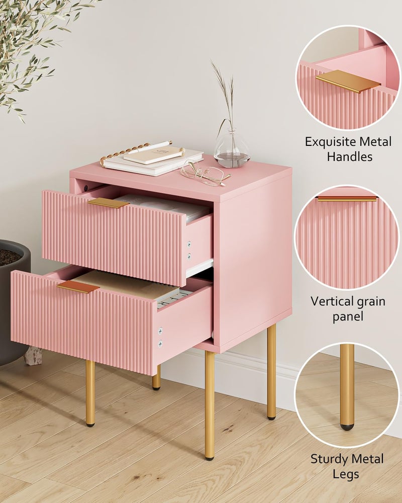 Masupu Night Stand,Mid-Century Modern Bedside Table with 2 Storage Drawer,Small Gold Frame Side End Table for Bedroom,Living Room, Pink - Image 2