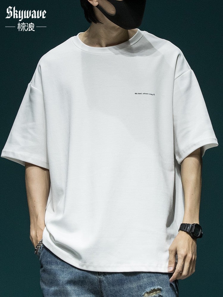 American Heavyweight Pure Color Short-Sleeved T-Shirt Men's Loose Large Size Summer Bottoming Shirt Versatile Men's Ice Silk T-Shirt Top - Image 1