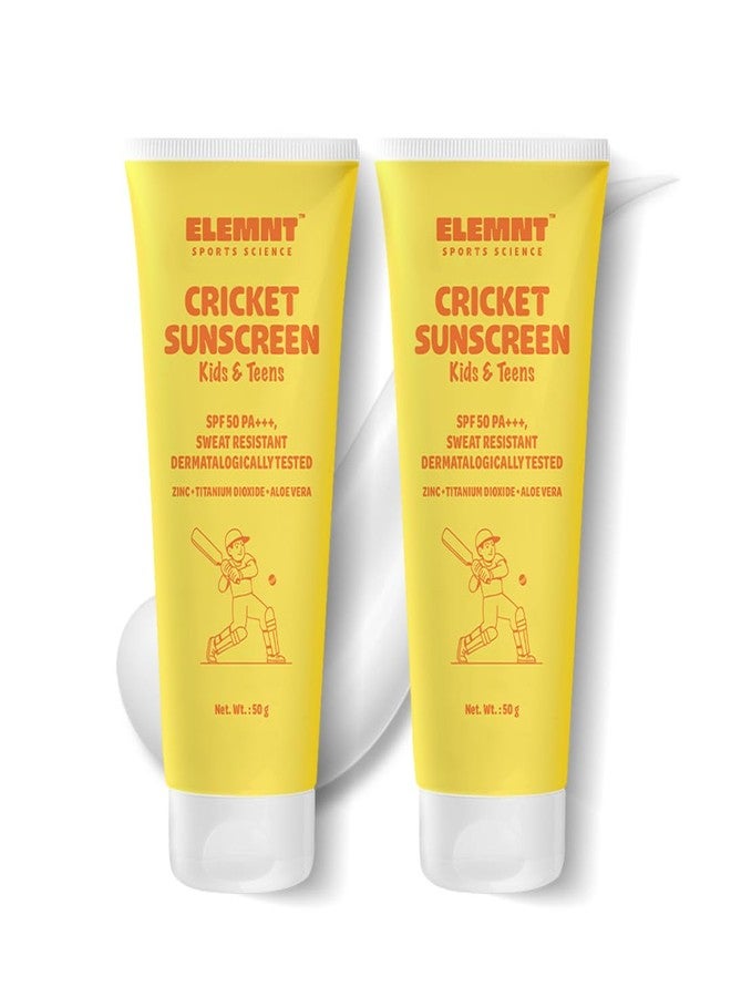 Elemnt Cricket Sunscreen for Kids & Teens | SPF 50, PA+++ Dermatologically Tested, Sweat and Water Resistant Mineral Sunblock | Kid friendly formulation for sensitive and dry skin | Kids Sun and Tan protection for Cricketers Girls and Boys 4 to 16 year old - 50gm (Pack of 2) - Image 1