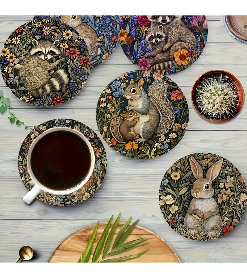 أغطية أكواب على طراز ويليام موريس للحيوانات الغابية، 6 قطع، 10 سم، حصائر شرب خشبية، ديكور المنزل - Image 1