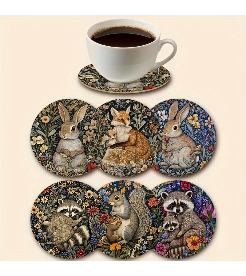 أغطية أكواب على طراز ويليام موريس للحيوانات الغابية، 6 قطع، 10 سم، حصائر شرب خشبية، ديكور المنزل - Image 3