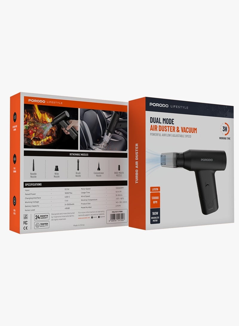 porodo Lifestyle Dual Mode Air Duster & Vacuum 160W / Powerful Air Blower/ Adjustable Speed / 3 Hours Working Time / Efficient Dust Removal / Rechargeable Vacuum and Dust Cleaner - Black - Image 4