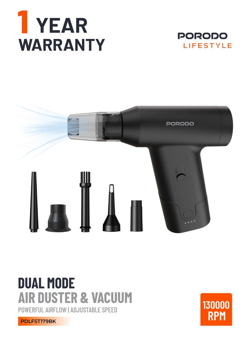 porodo Lifestyle Dual Mode Air Duster & Vacuum 160W / Powerful Air Blower/ Adjustable Speed / 3 Hours Working Time / Efficient Dust Removal / Rechargeable Vacuum and Dust Cleaner - Black - Image 1