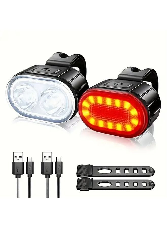 Oval Set Bicycle Front And Rear Lights IP65 Waterproof USB Rechargeable Safety - Image 1
