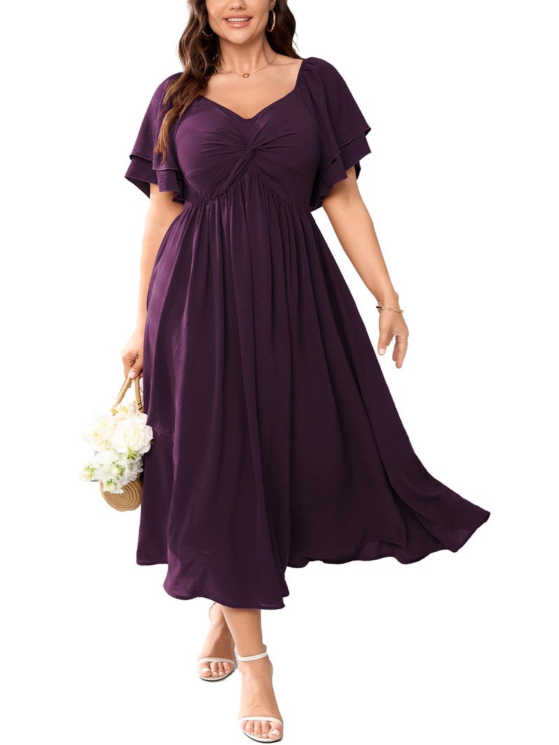 SCOMCHIC Women's Plus Size Wedding Guest Cocktail Dresses Sweetheart Neckline Ruffle Sleeve A Line Maxi Dress Purple - Image 1