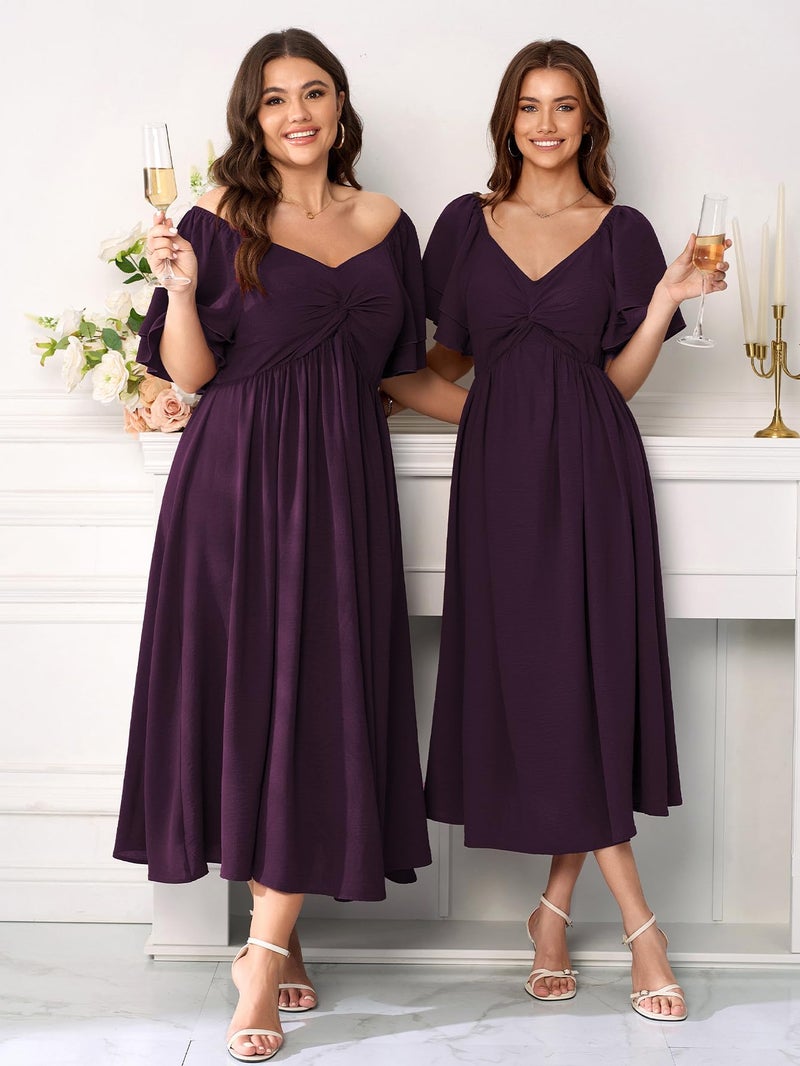 SCOMCHIC Women's Plus Size Wedding Guest Cocktail Dresses Sweetheart Neckline Ruffle Sleeve A Line Maxi Dress Purple - Image 2