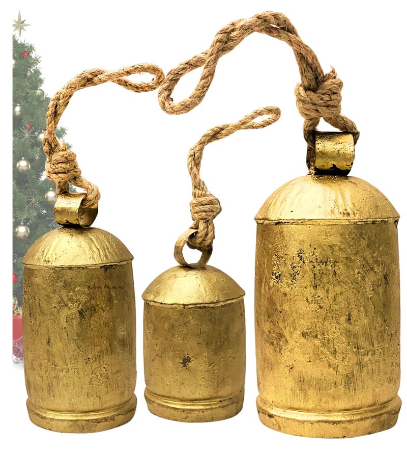 Decorative Cow Bells Set of 3 Large Harmony Bells  Vintage Giant Christmas Bells Country Rustic Cowbell on Jute Rope XL Hanging Lucky Golden Bells 468