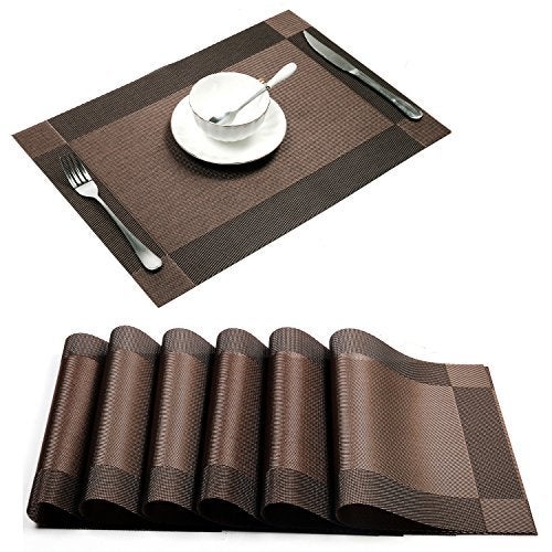P-Plus International P-Plus International Placemat with Compatible Table Runner, Crossweave Insulation Placemat Washable Table Mats Set (6pcs placemats+Table Runner, Brown), Plastic - Image 2