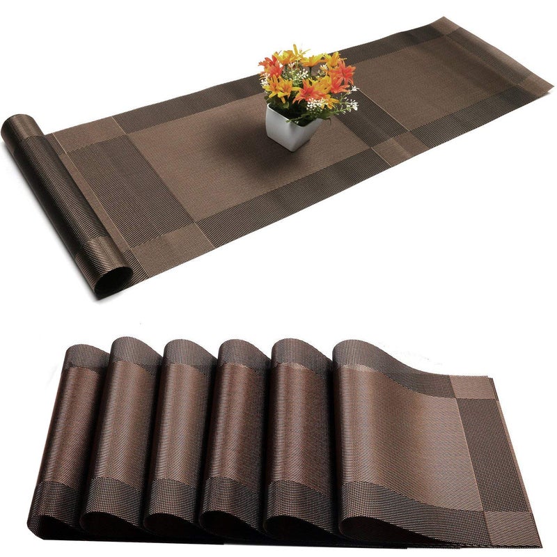 P-Plus International P-Plus International Placemat with Compatible Table Runner, Crossweave Insulation Placemat Washable Table Mats Set (6pcs placemats+Table Runner, Brown), Plastic - Image 1