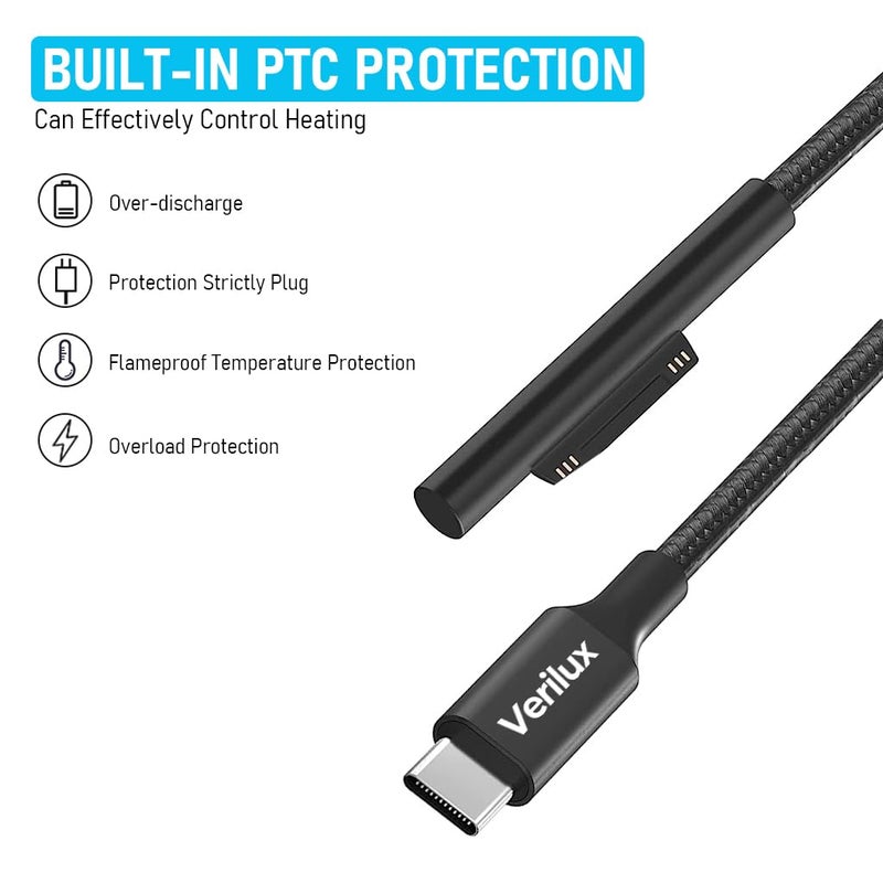 Verilux ® Type C Charging Cable for Surface Laptop, 5.9ft Type C Charging Cable for Laptop 45W 15V3A Power Supply, for Surface Pro7 Go2 Pro6 5/4/3 Laptop1/2/3 (Only Support QC Certified Charge Head) - Image 5