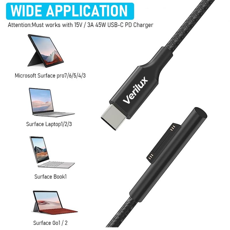 Verilux ® Type C Charging Cable for Surface Laptop, 5.9ft Type C Charging Cable for Laptop 45W 15V3A Power Supply, for Surface Pro7 Go2 Pro6 5/4/3 Laptop1/2/3 (Only Support QC Certified Charge Head) - Image 3