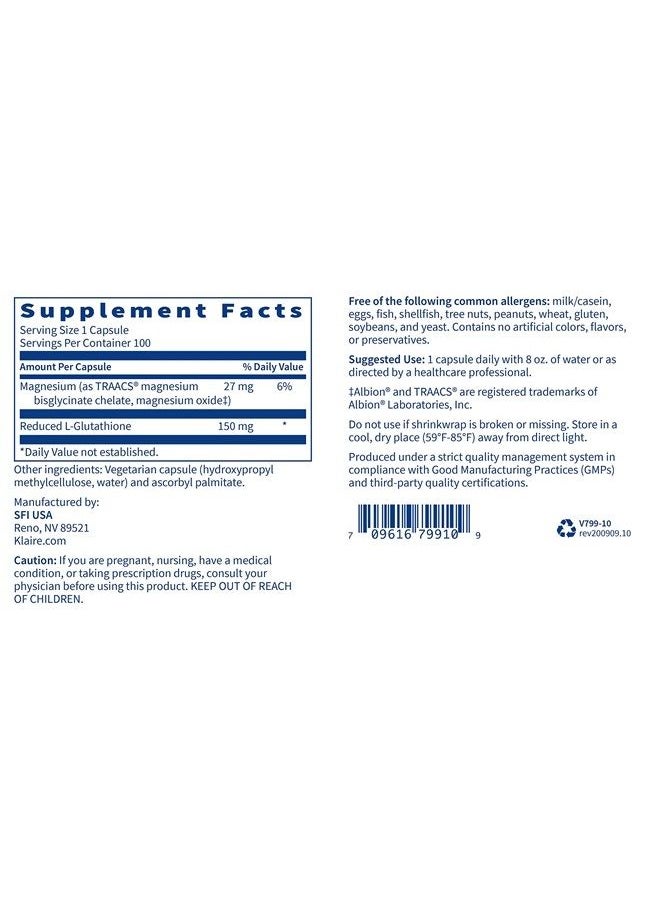 Klaire Labs - Reduced L-Glutathione 150 Milligrams - Hypoallergenic Detoxification & Antioxidant Support Plus Magnesium, Dairy & Gluten-Free (100 Capsules) - Image 1