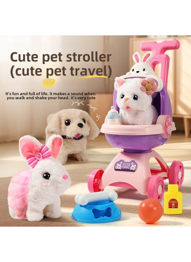 Luo Ke Meng Pet Cart Plush Cat Rabbit Dog Electric Walking Simulation Play House Children's Toys-Color:Crown Cart (bunny)  - Image 2