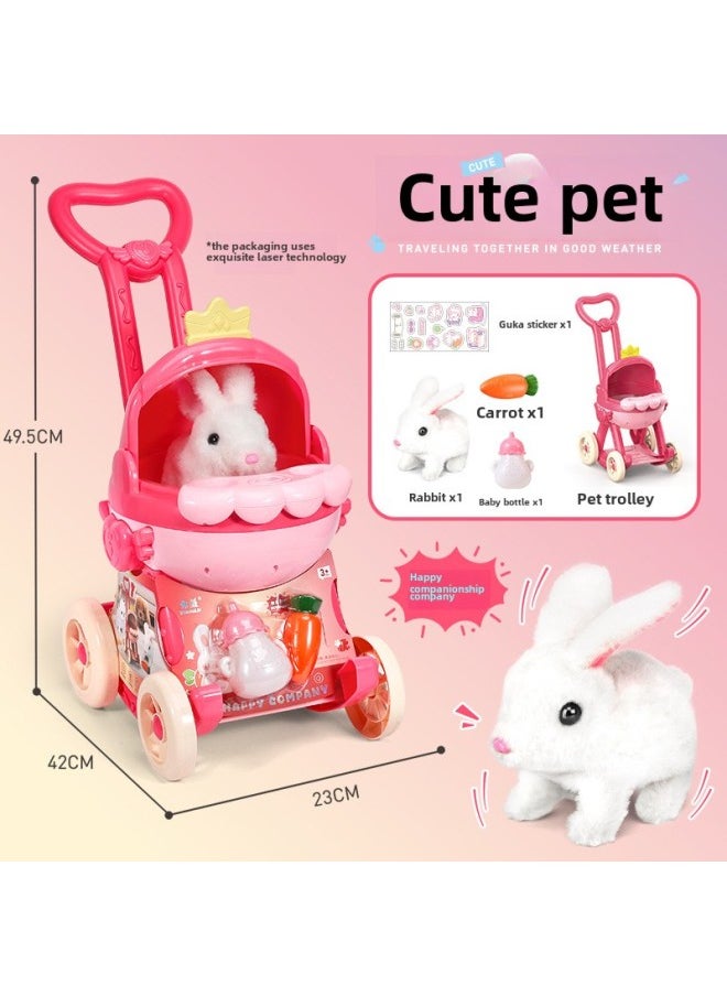 Luo Ke Meng Pet Cart Plush Cat Rabbit Dog Electric Walking Simulation Play House Children's Toys-Color:Crown Cart (bunny)  - Image 1