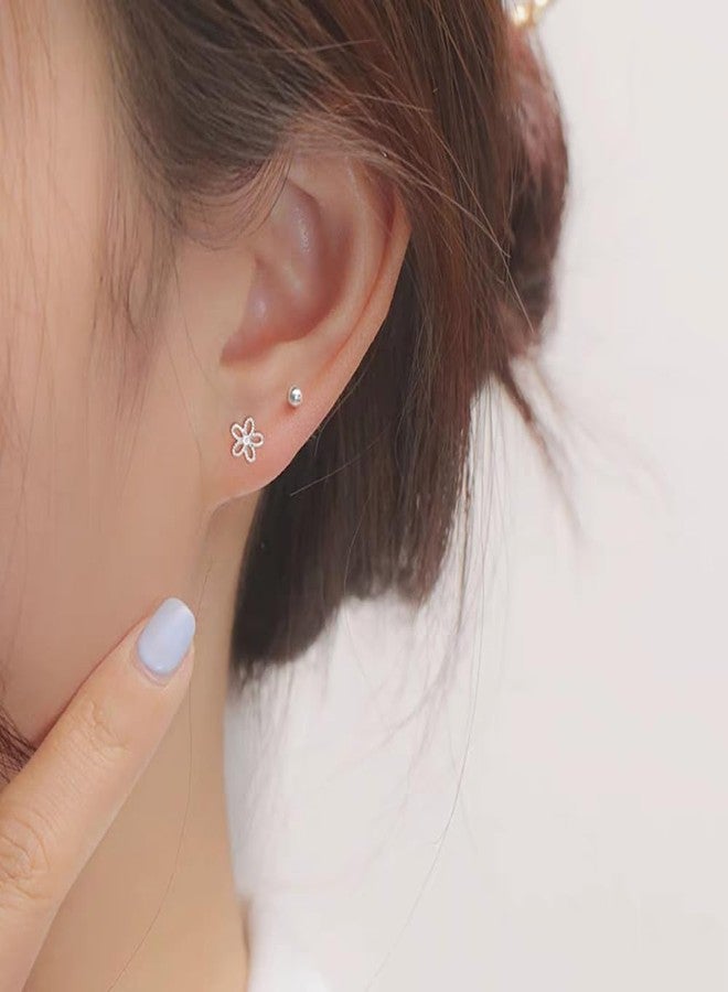 Dtja 18G Daisy Flower Stud Cartilage Earrings for Women 925 Sterling Silver CZ Tiny Cute Floral 3mm Ball Barbell Screw Back Studs Sleeper Tragus Post Hypoallergenic Piercing Body Jewelry Gifts (Silver) - Image 2