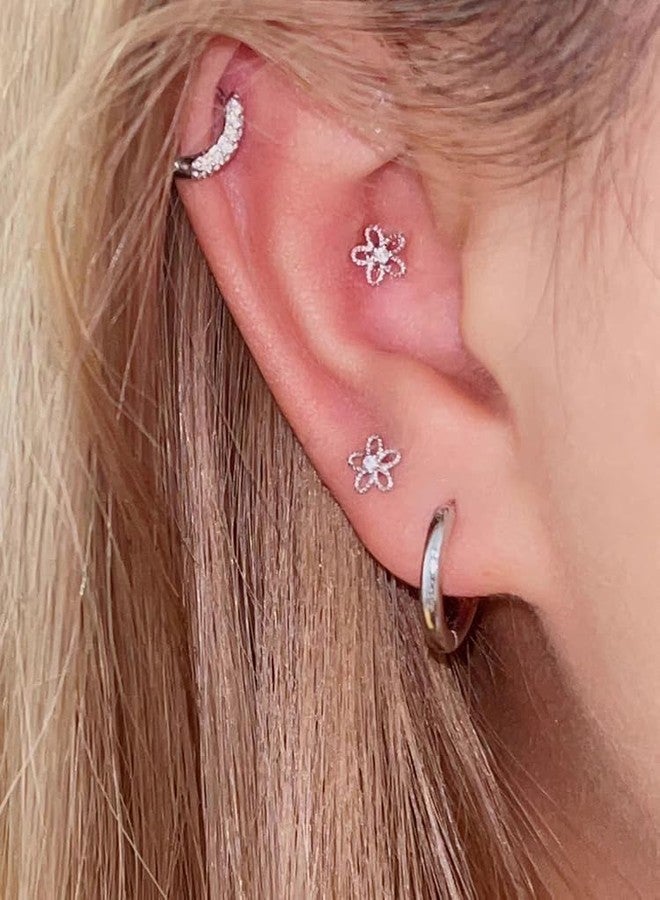 Dtja 18G Daisy Flower Stud Cartilage Earrings for Women 925 Sterling Silver CZ Tiny Cute Floral 3mm Ball Barbell Screw Back Studs Sleeper Tragus Post Hypoallergenic Piercing Body Jewelry Gifts (Silver) - Image 3