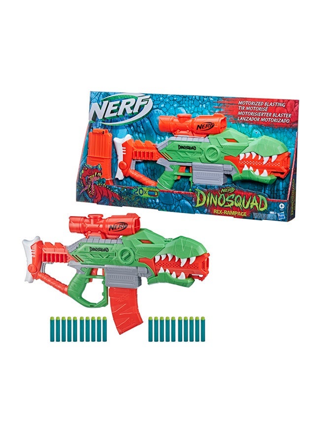 NERF DinoSquad Rex-Rampage Motorized Dart Blaster, 10-Dart Clip, 20 Official Darts, 10-Dart Storage- T-Rex Dinosaur Design, Red 3.187x28x14inch - Image 1